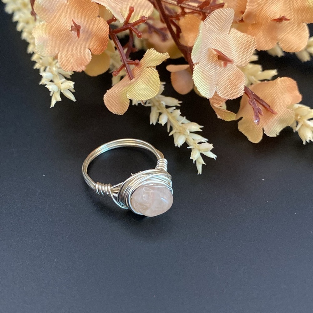 Artisan Silver Plated Wire Wrapped Ring with Rose Quartz Stone